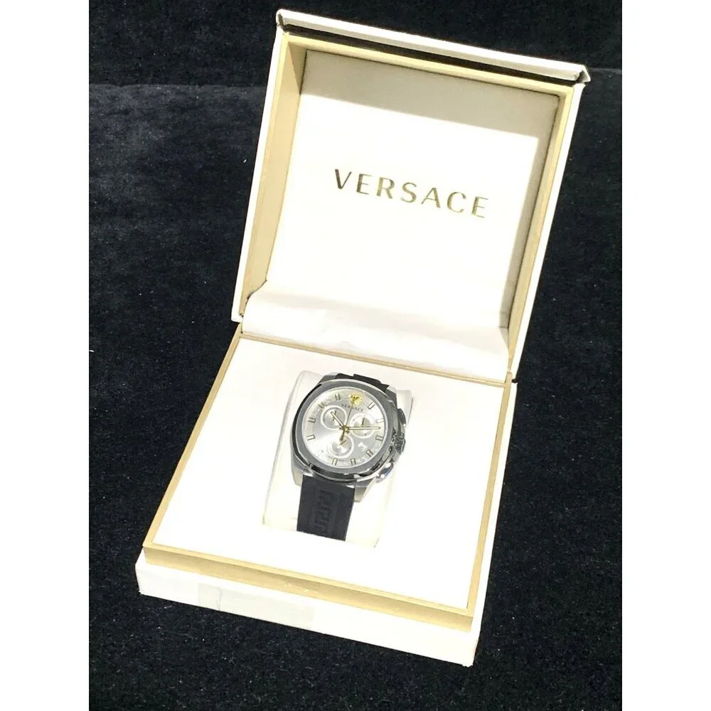 Versace Men's Watch VE7CA0123 Swiss Quartz Chronograph Silver Black Rubber 43mm